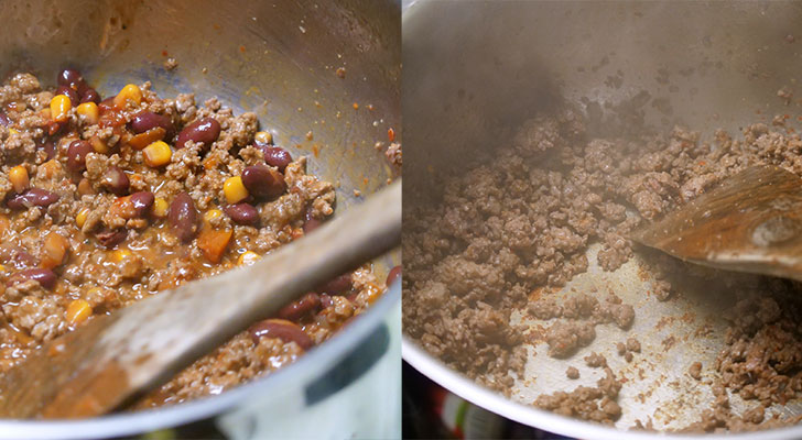 Wildhack wird in der Pfanne mit Mais Bohnen und Tomaten angebraten